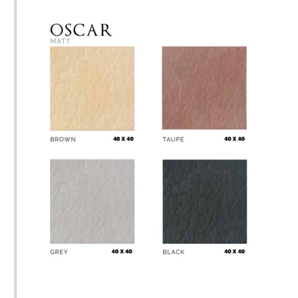 KERAMIK MERK ASIA TILE TIPE OSCAR BROWN TAUPE GREY BLACK UKURAN 40X40 PERMUKAAN TEKSTURE MATT KASAR 