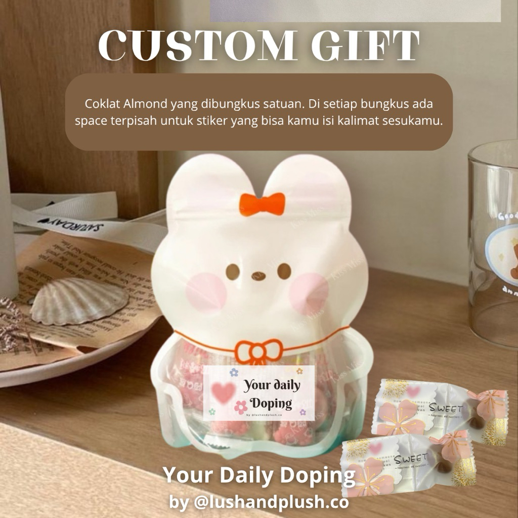 

uGift Custom Your Daily Doping by Lush and Plush | Coklat Almon satuan dengan stiker kustom kata-kata sesukamu | Hadiah Custom Hadiah ulang tahun anniversarry wisuda