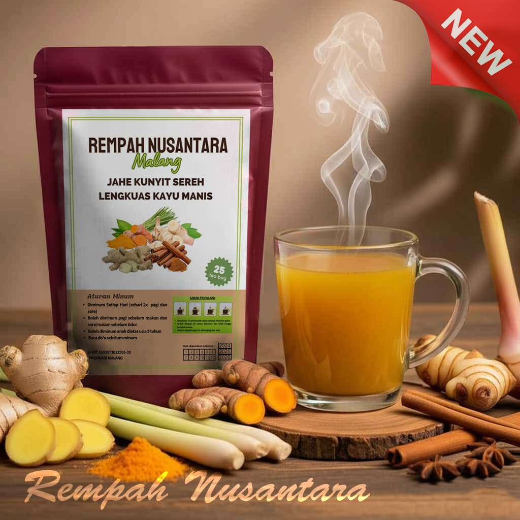 

Herbal Instan teh sehat rimpang Botanikal JAHE, KUNYIT, SERAI, LENGKUAS dan KAYU MANIS REMPAH NUSANTARA (25 Tea Bag)