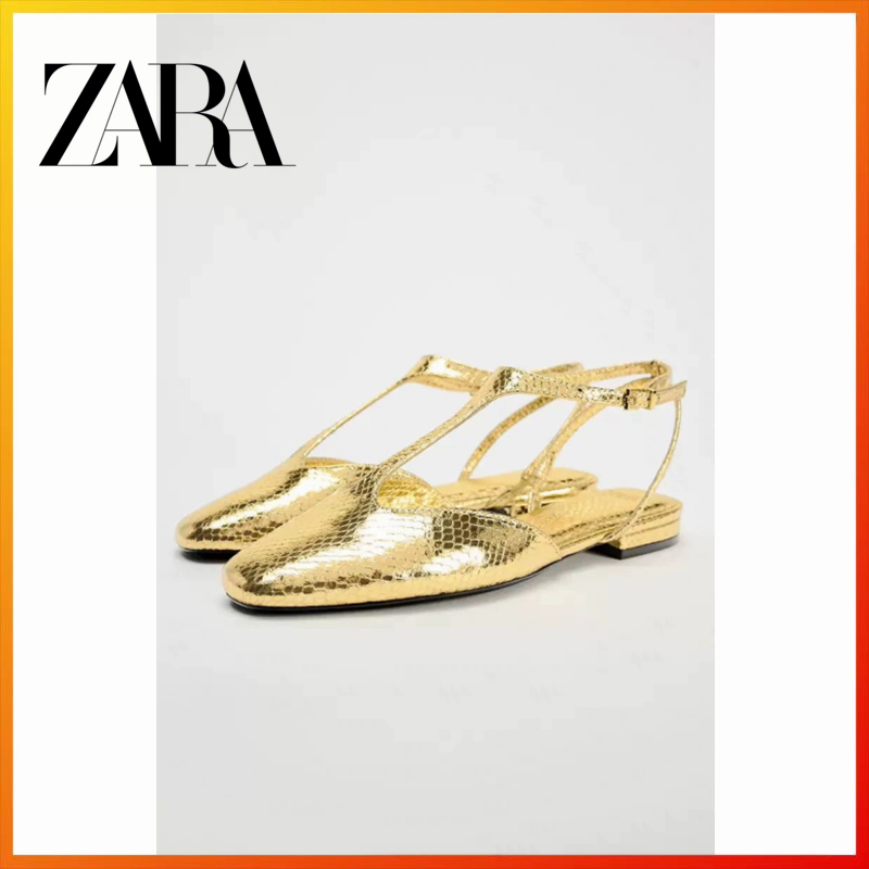 ZARa2025 new women's shoes gold metal series exposed heel Mary Jane flat sandals for wearing fashion