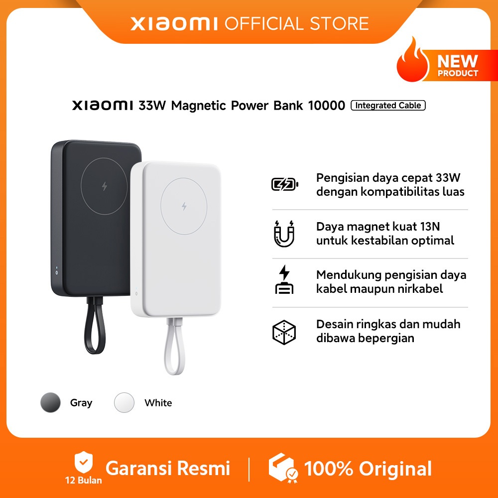 Xiaomi 33W Magnetic Power Bank 10000mAh (Integrated Cable) | Pengisian daya cepat 33W dengan kompati