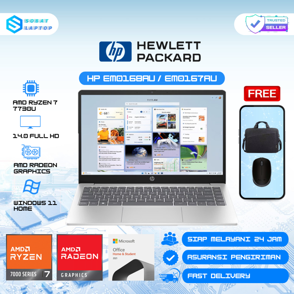 Laptop HP 14 AMD Ryzen 7 7730U Ram 16GB 512GB Ssd Full Hd Win 11 + Office Home Student 2021