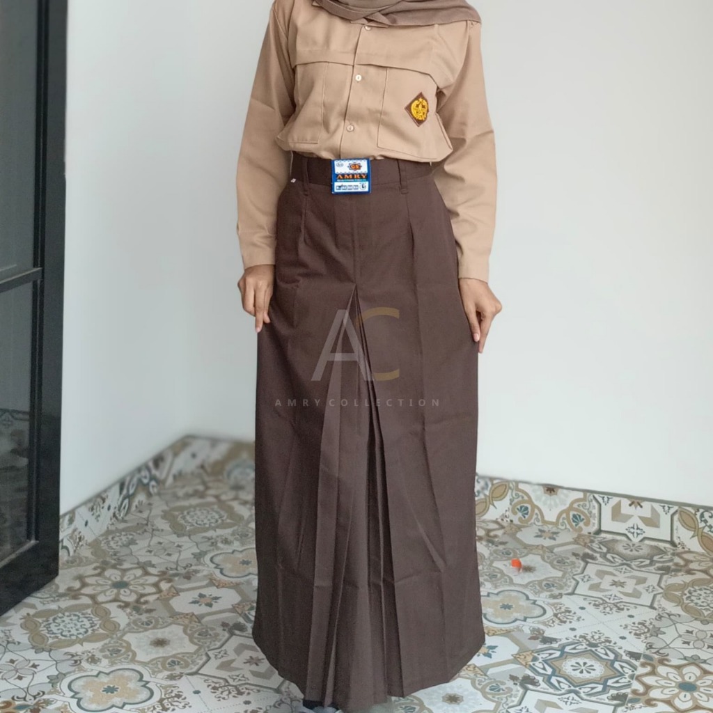 ROK SEKOLAH Rok Span Rempel Depan Belah Satu Panjang COKLAT Seragam Sekolah By.Amrycollection (DRIL)
