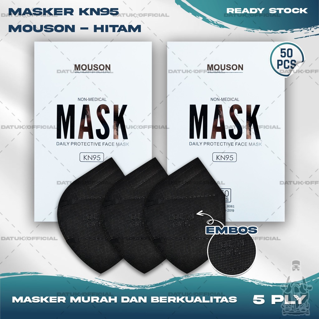 Masker KN95 MOUSON 5Ply isi 50Pcs Warna Hitam Black KN 95 5 Ply Earloop Surgical Mask Kemenkes