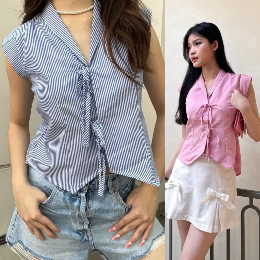 NANDO KEMEJA VEST BAHAN KATUN POPLIN IMPORT DEPAN KANCING DAN TALI PITA RIBBON 8372