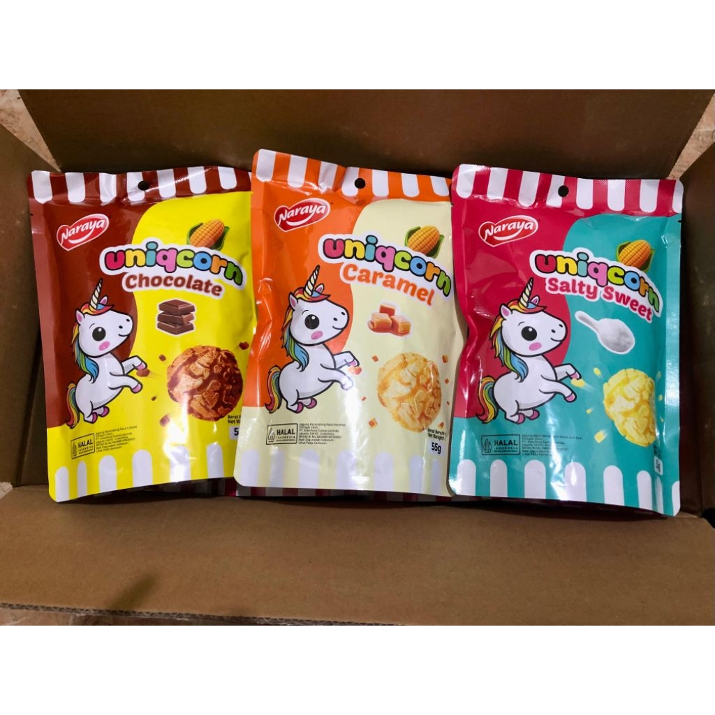

Naraya uniqcorn popcorn chocolate caramel salty sweet 55 gram