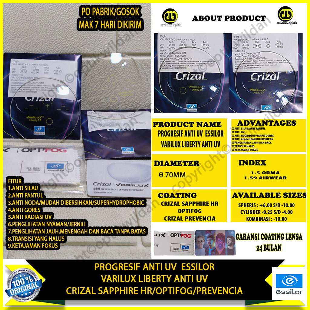 ESSILOR VARILUX LIBERTY ANTI UV CRIZAL SAPPHIRE HR/OPTIFOG/PREVENCIA