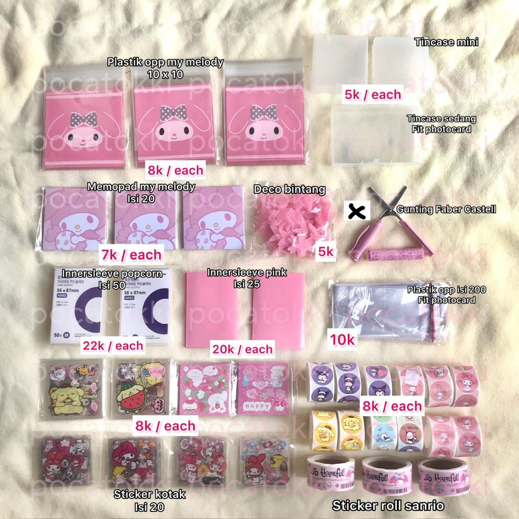

koleksi sticker freebies pink innersleeve my melody popcorn sticker roll tincase sanrio hello kitty photocard plastik opp imut lucu album korea