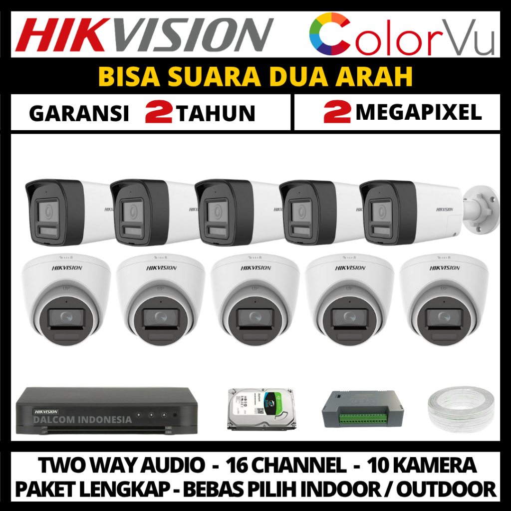 Paket cctv hikvision colorvu 2mp 16 channel 10 kamera two way audio paket cctv lengkap