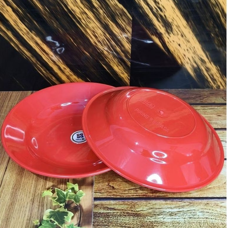 PIRING PLASTIK SEMI MELAMIN 1 LUSIN {12 PCS} BERKUALITAS WARNA MERAH