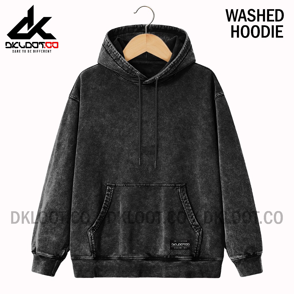 dKloot.Co - Jaket Hoodie Basic Polos Hitam Sandwash Pria & Wanita Bahan Katun Baby Terry premium