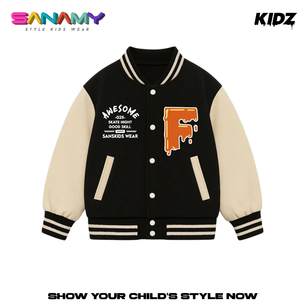 Sanamy varsity Jaket Anak Laki Laki Dan Perempuan Awesome Usia 5-12 Tahun Initial F