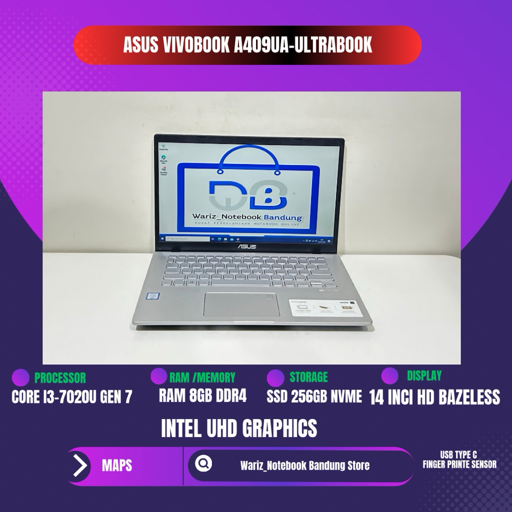 ASUS VIVOBOOK A409UA CORE I3-7020U RAM 8GB SSD 256GB NVME 14inci HD Bazeless