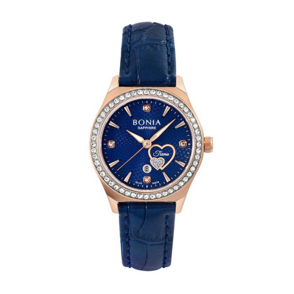 Bonia BNB10680-2582S Jam Tangan Wanita Analog Rose Biru Bonus Kalung