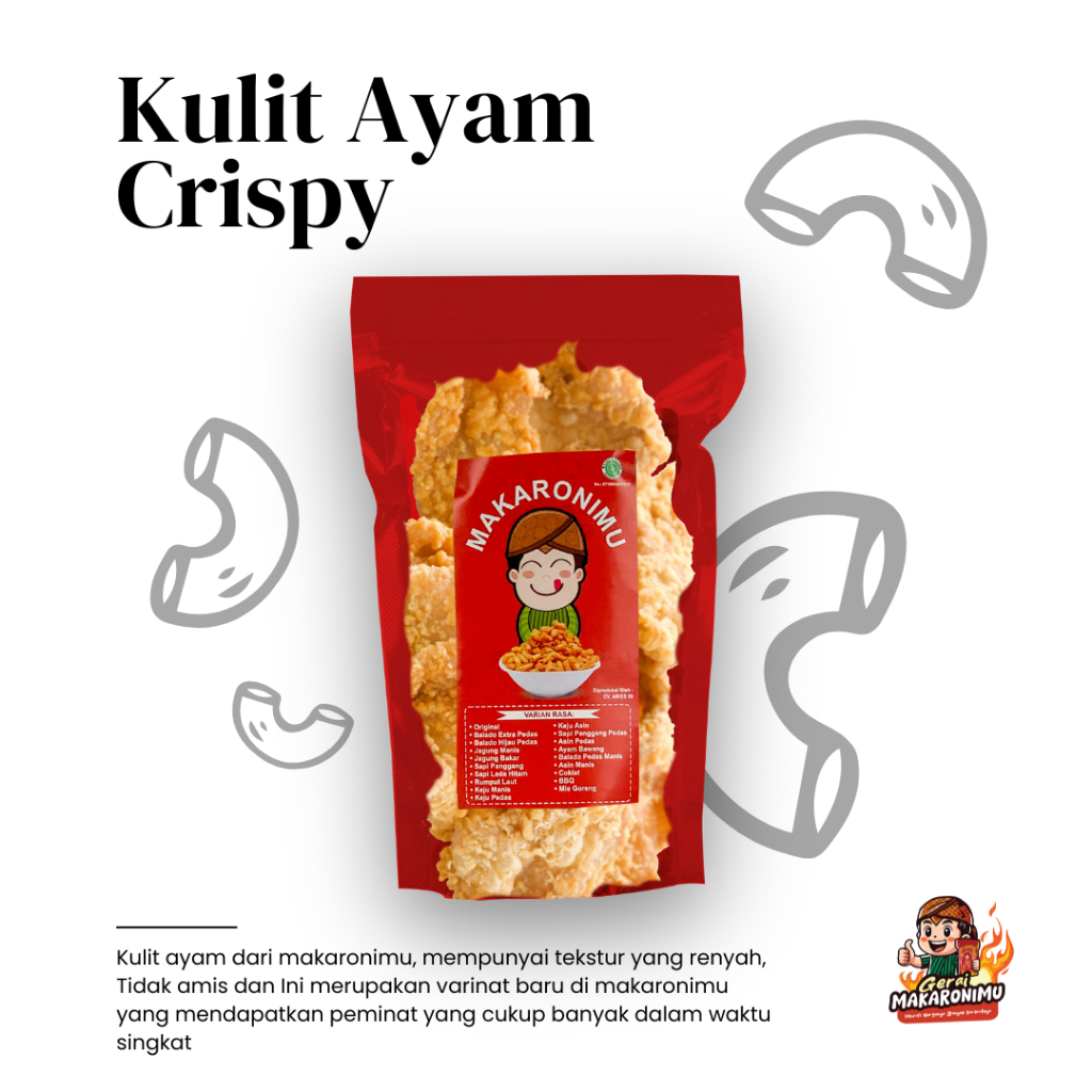 

Gerai Makaronimu | KULIT AYAM | Kulit Ayam Pedas / Pedas Daun Jeruk / Pedas / Kulit Crispy