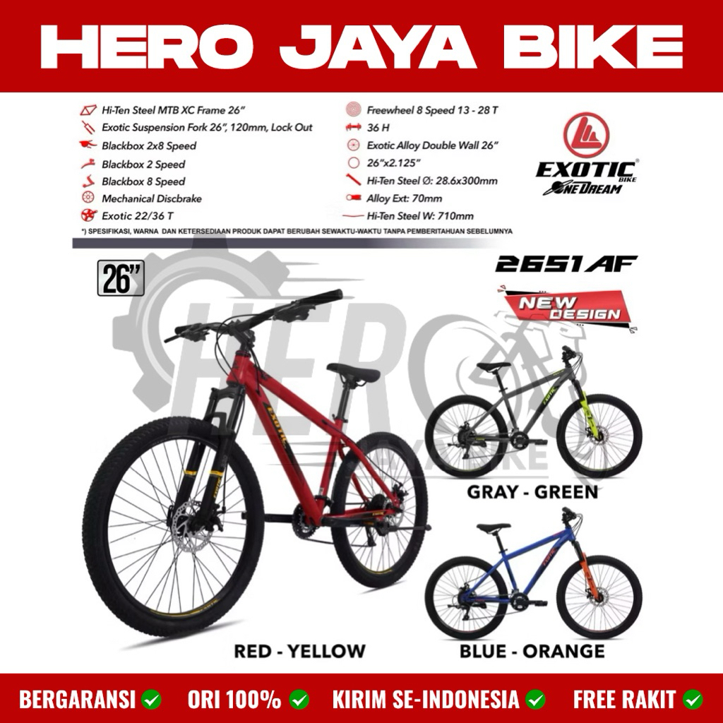 Sepeda Gunung MTB EXOTIC ET 2651 AF Ukuran 26Inch Besi 2x8 Speed Rem Cakram