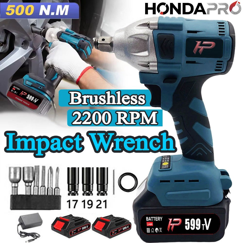 HondaPro Cordless Impact Wrench Brushless 500N.M Impact Baterai 599V Impact Bor Brushless