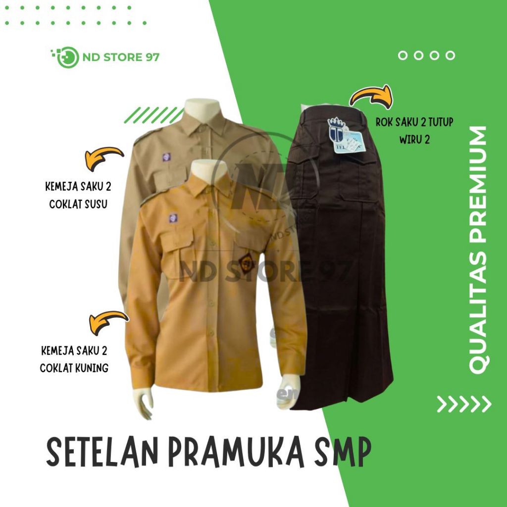 Setelan Pramuka Penggalang SMP Perempuan Lengan Panjang Model Rok Saku Tutup Wiru 2 Depan Kemeja Sak
