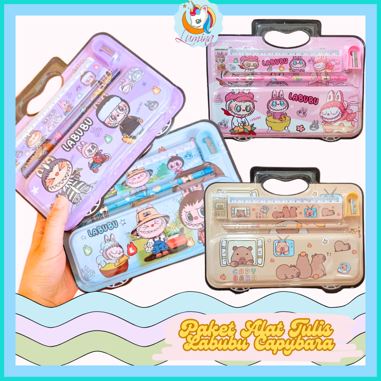 

Paket Alat Tulis Sekolah 5 In 1 Stationary Study Set Motif Labubu Capybara Kotak Pensil Penggaris Penghapus Rautan Pensil Lucu