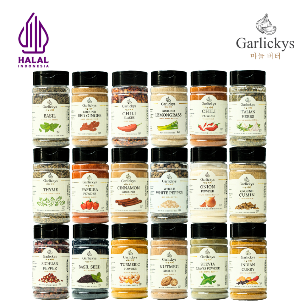 

GARLICKYS Rempah Bubuk Premium Bawang Putih Bombay Merah Bubuk Lada Hitam Putih Merica Bubuk Bubuk Ngohiong Halal Paprika Cabe Chili Cinnamon Kayu Manis Bubuk Powder Italian Herbs Seasoning Parsley Rosemary Thyme Basil Oregano Ginger Garlickys