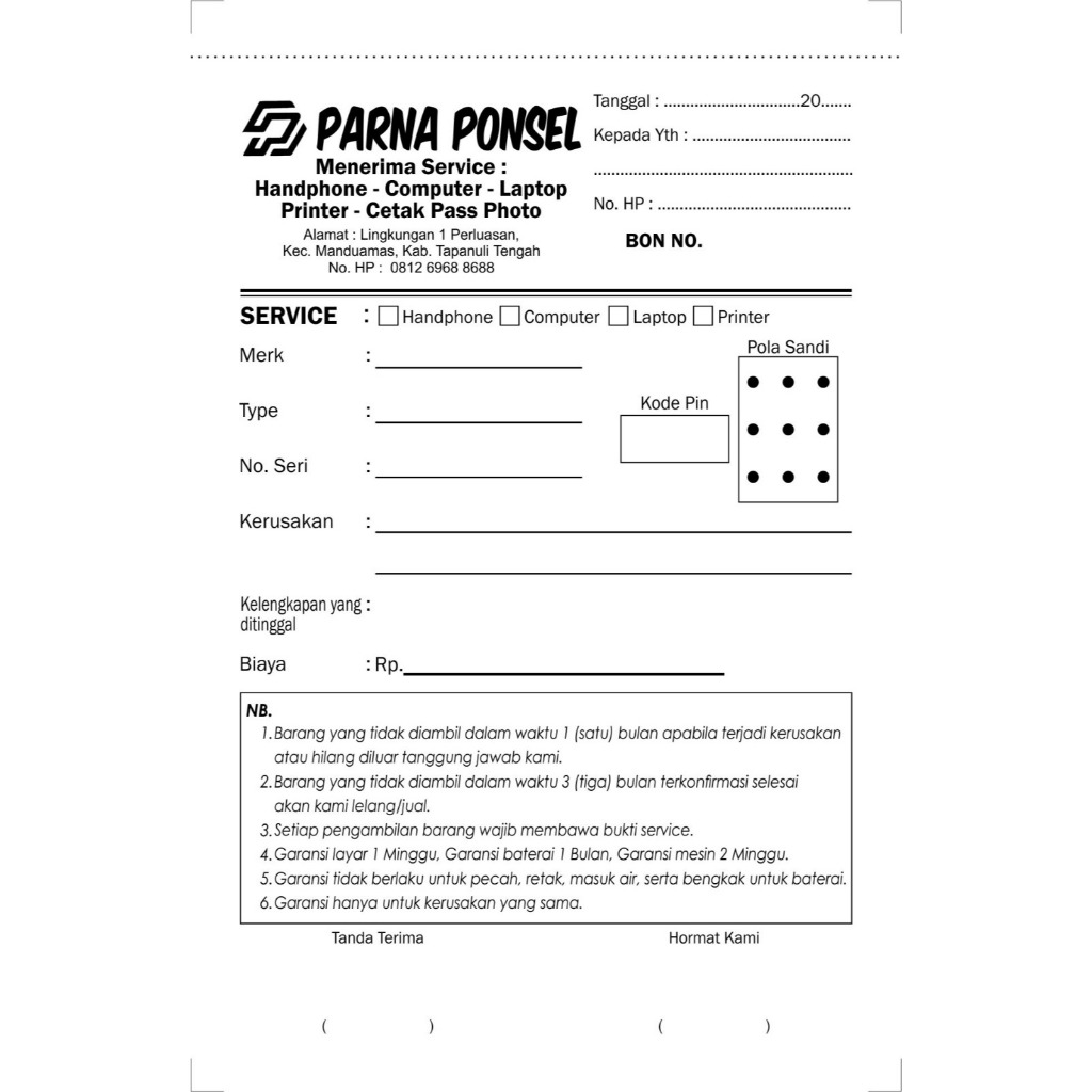 

Cetak Nota Servis HP Parna Ponsel