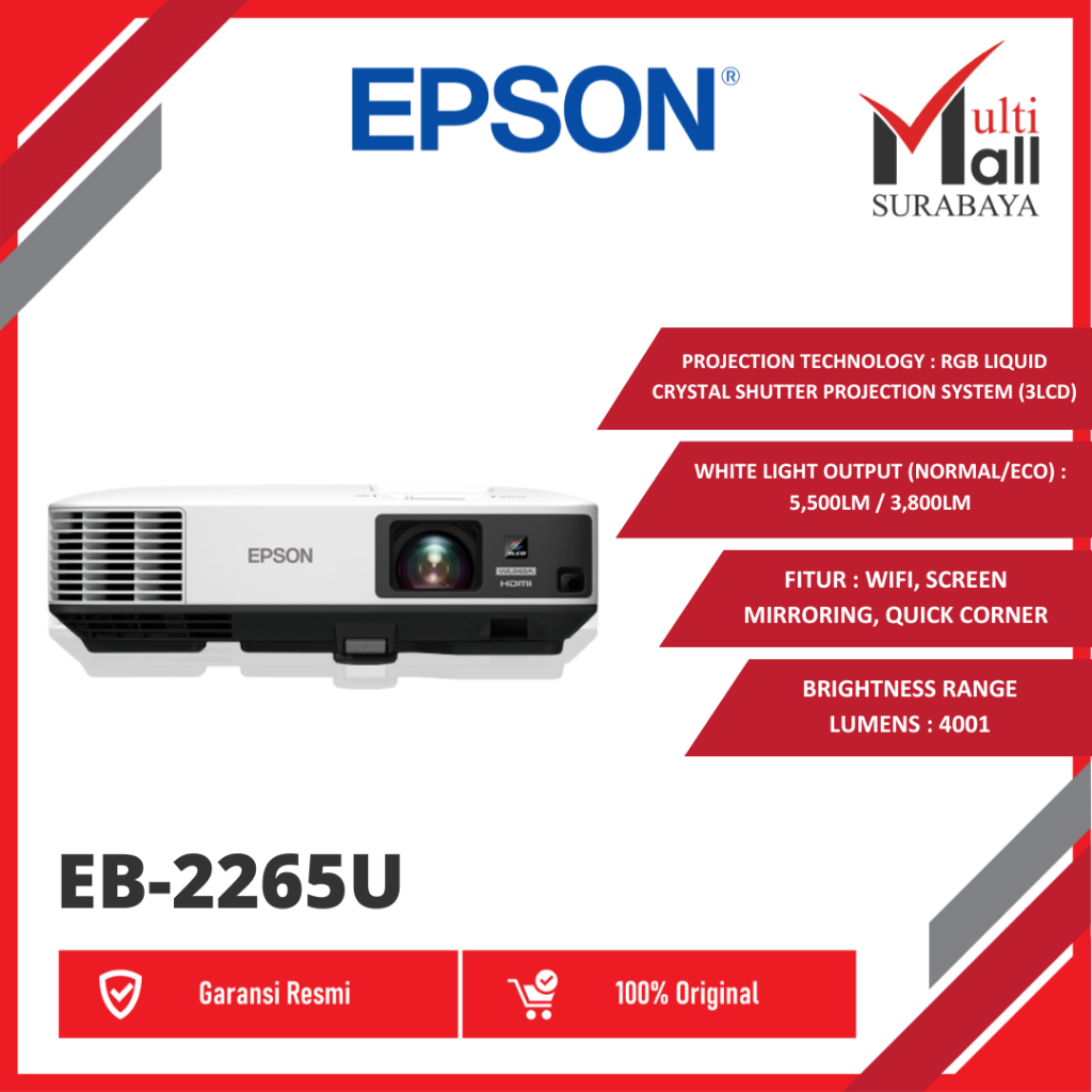 Epson Proyektor EB-2265U EB 2265U EB2265U WUXGA 5500 Lumens 3LCD Garansi Resmi