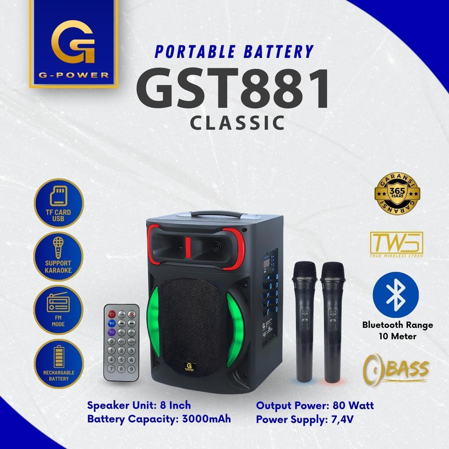 Speaker Portable Gst 881 Classic G-POWER Speaker Bluetooth 8inch Dapat 2 Mic Wireless