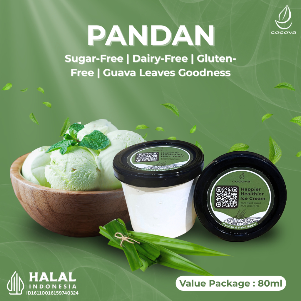 

COCOVA Es Krim Sehat Bebas Susu & Gula - Pandan 80 ml | Sugar-Free, Dairy-Free, Gluten-Free