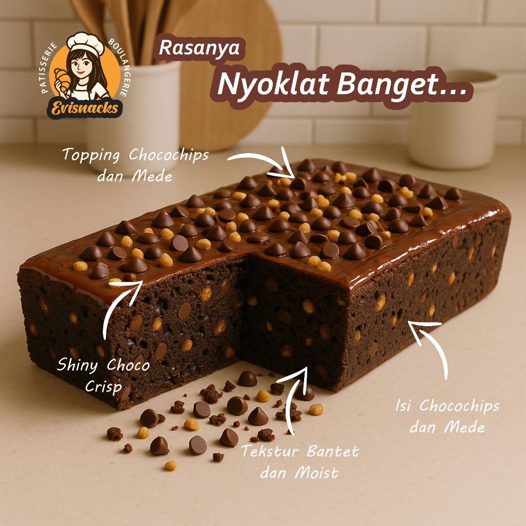 

Evisnacks - Brownie Istimewa Bantet Moist Chocolate Nendang dengan Mede Pilihan & Choco Chips Lezat