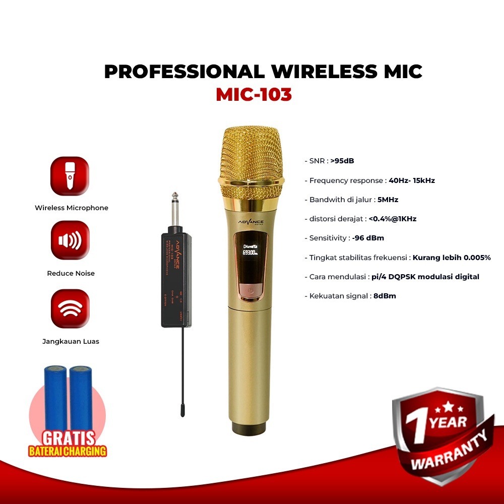 Advance Mic-103 Microphone Profesional Mikrofon Wireless Bisa di Charger Garansi Resmi 1 Tahun//Mic 