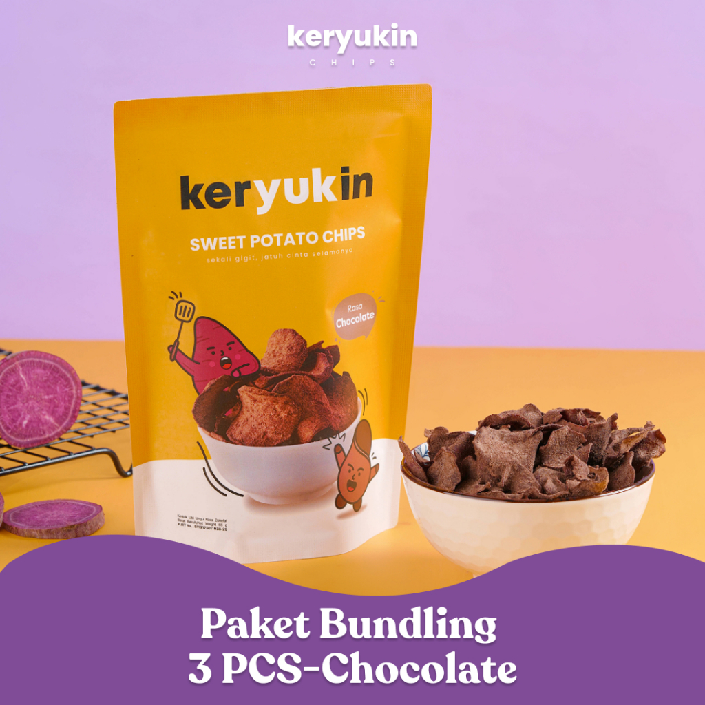

Keryukin chips Paket Bundling 3 pcs Keripik Ubi Ungu Rasa Coklat 65 g Cemilan Keluarga