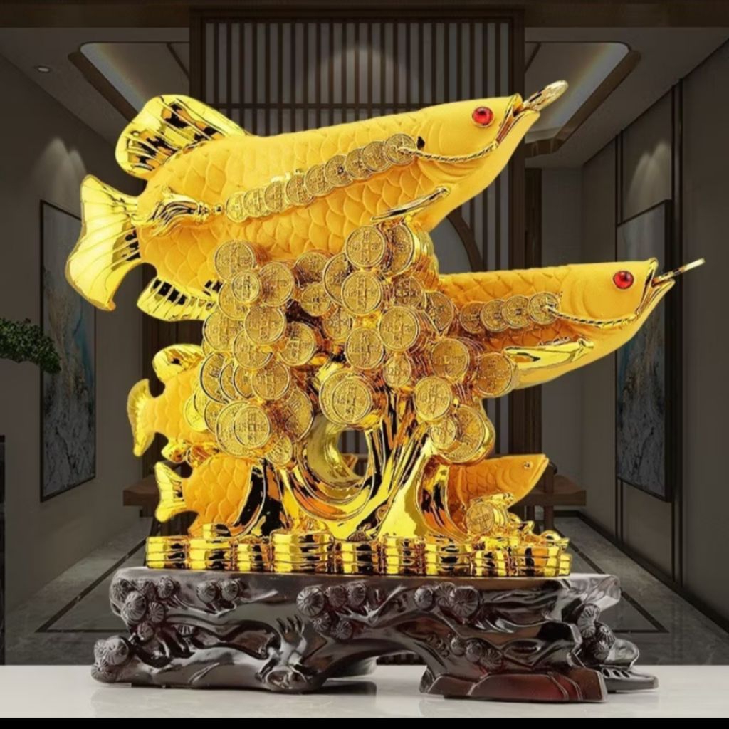 Pajangan Feng Shui Enam Ikan Arwana Berwarna Emas