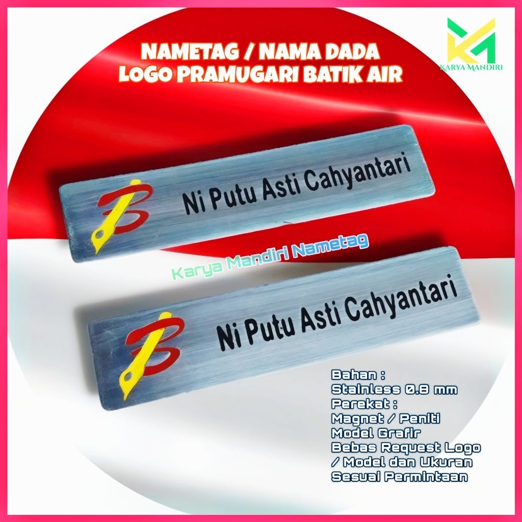 

Nametag Nama Dada Stainless Nametag Pramugari Batik Air | Model Etching Grafir Custom Nama dan Logo