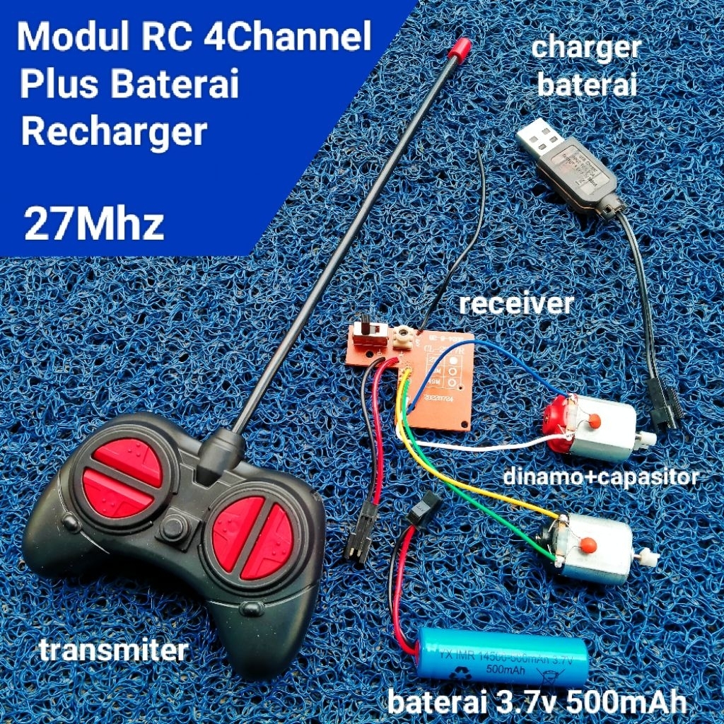 Paket Lengkap Remote Control Transmiter & Receiver Frekuensi 27Mhz, Modul Controller 4 Saluran untuk