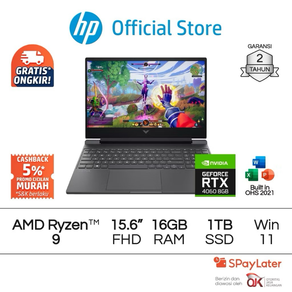 VICTUS LAPTOP GAMING HP AMD Ryzen 9 Nividea Geforce RTX 4060 16GB/1TB Silver/Blue