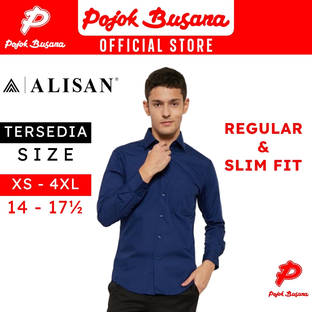 Pojok Busana Kemeja Alisan Lengan Panjang Polos Pria Slim Fit Biru Donker B7 - Formal Kantor Basic