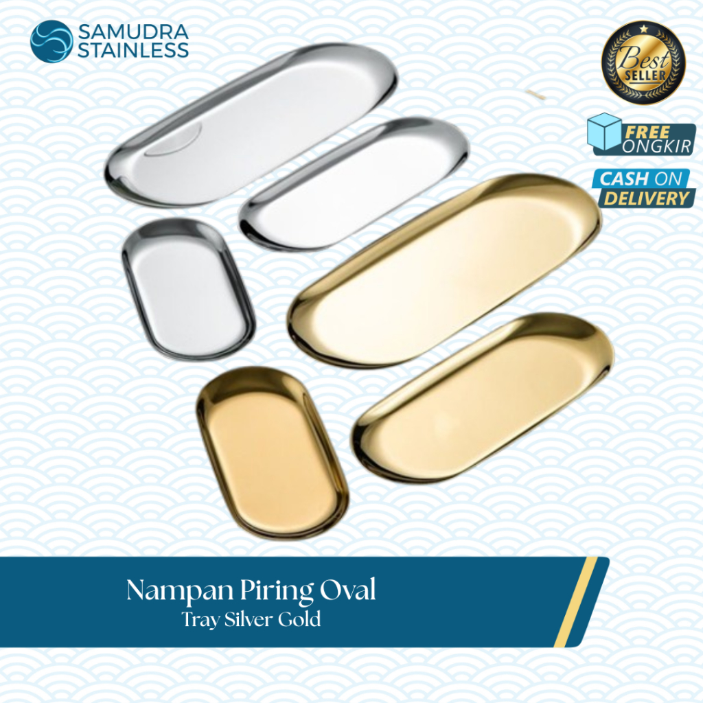 SUBRON Nampan Tray Stainless Kilap Elegan Cantik Wadah Nampan Piring Oval Emas Perak