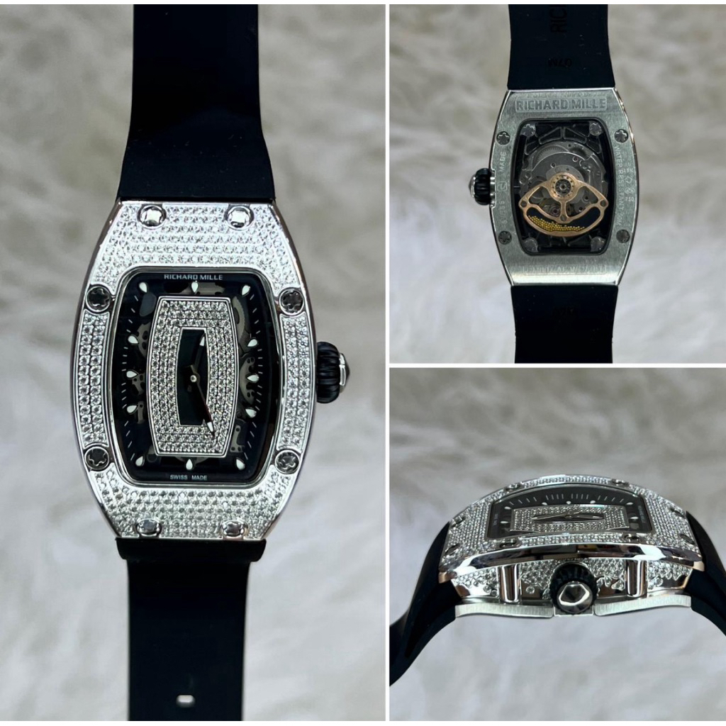 JAM TANGAN WANITA/CEWEK RUBBER FULL DIAMOND BLACK SILVER AUTOMATIC SWISS #Jamtanganwanita #Jamtangan