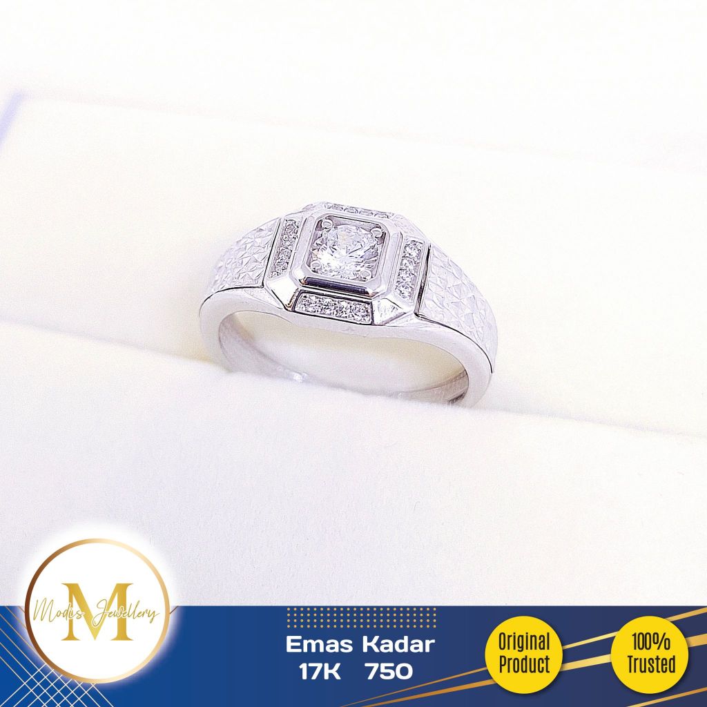 MODIS JEWELLERY - Cincin Pria Kotak Ukir Batu Tanam Putih - Emas 17k 750