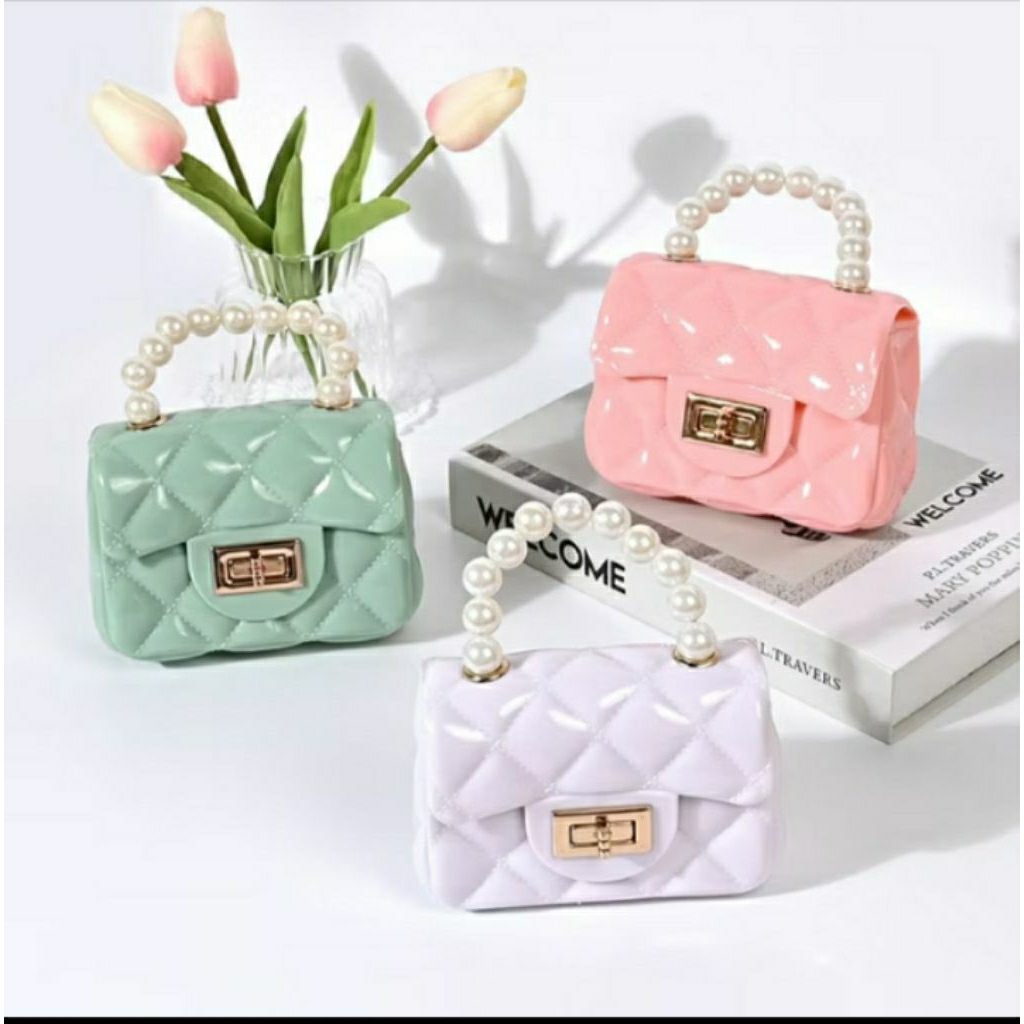 Tas Selempang Jelly Hand Bag Mini Motif Mutiara Sling Bag Wanita Rantai