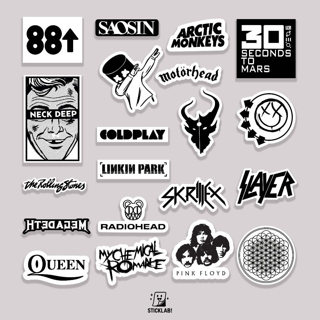 

Sticker Pack ROCK BAND VOL 03 Aesthetic Vynil Potongan KissCut Tumblr Helm Laptop BLACK & WHITE