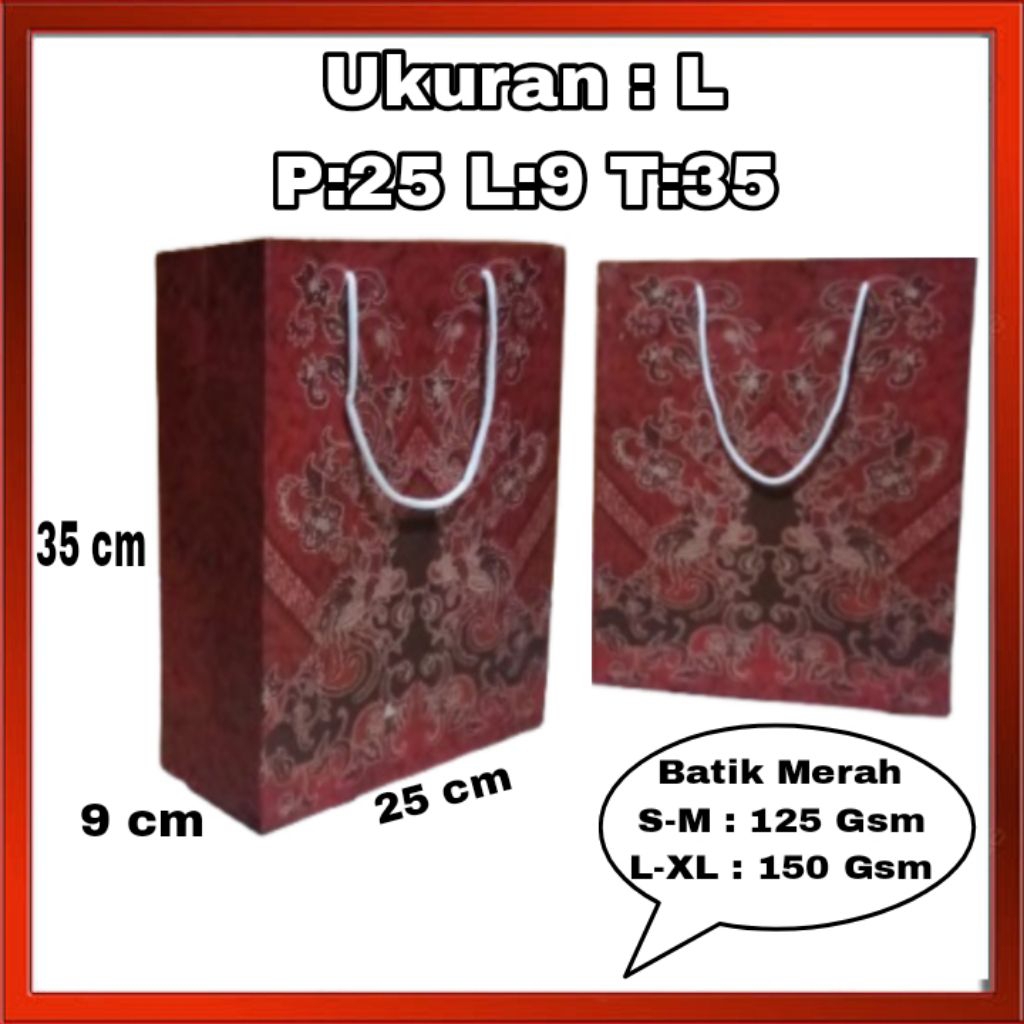 

Tas Paperbag Batik merah Ukuran 25x9x35 cm Souvenir,Taskado,Ulangtahun,Batik,Belanja,Goodiebag,
