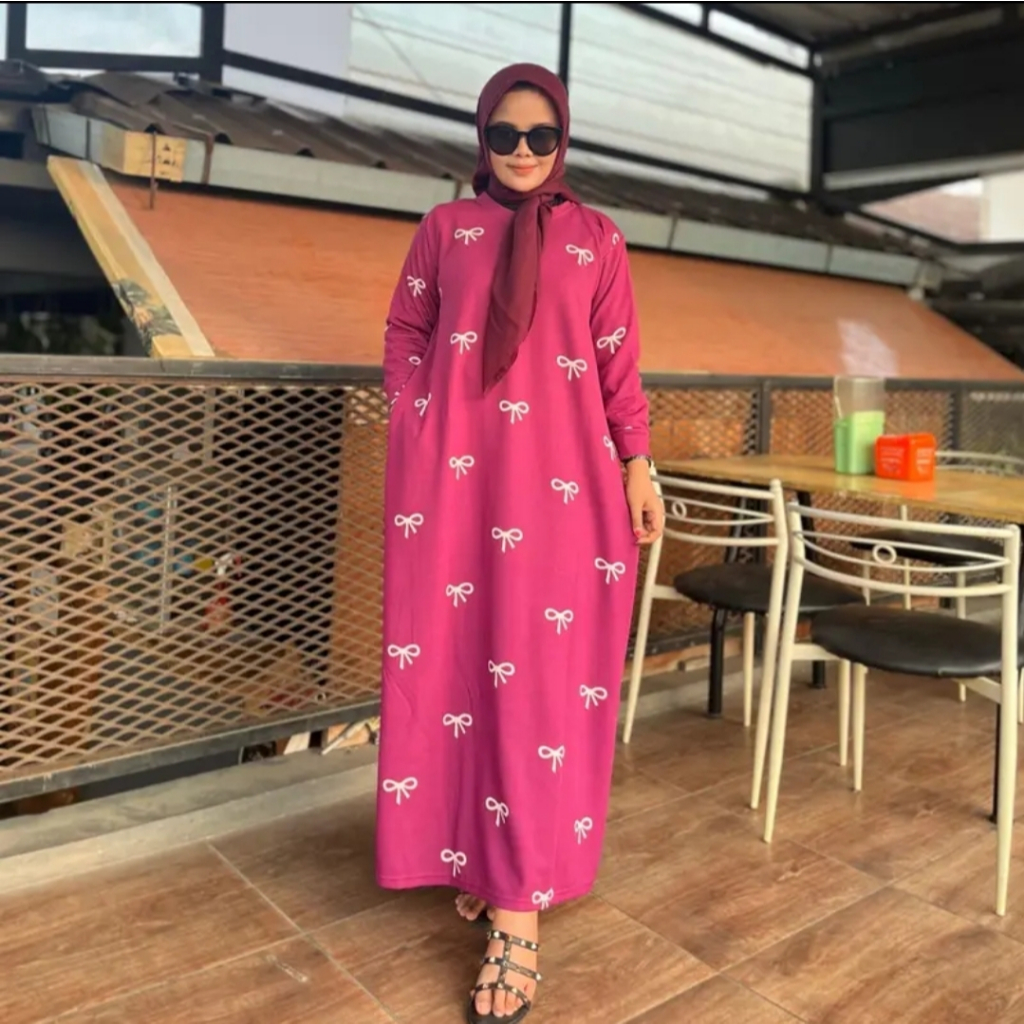 FX - Gamis Muslim Knit Sindoro Motif Pita Lengan Panjang / Gamis Motif Pita