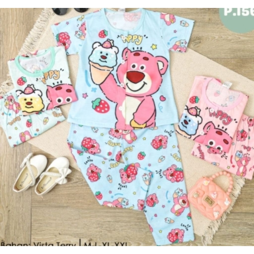 Baju tidur anak perempuan / piyama anak perempuan LOTSO 1-4tahun. Kancing depan celana panjang baju 