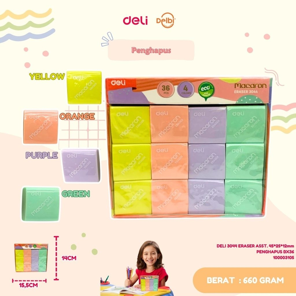 

DELI 3044 ERASER ASST. 45*25*12mm PENGHAPUS BX36