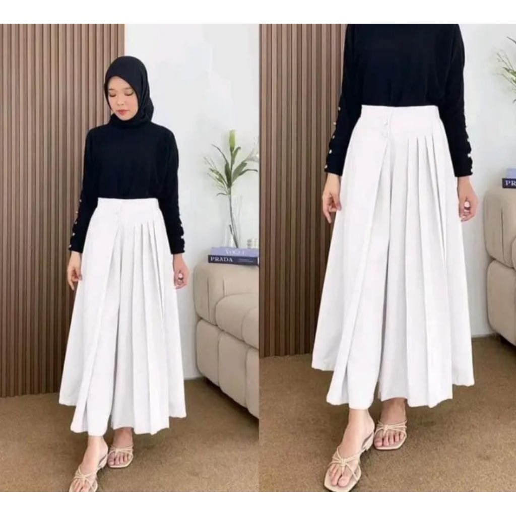 Rok Kulot Husna-Kulot Pleats Panjang Premium-Celana Rok Kulot Pleats 2 Kancing Depan Wanita-Rok Kant