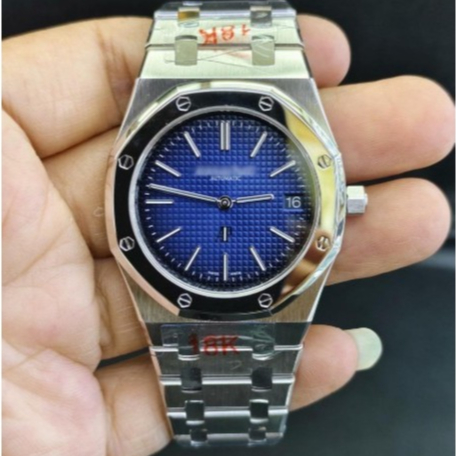 JAM TANGAN AUPIGE ROYAL OAK JUMBO INSPIRED  REAL WHITE GOLD BLUE WAFFLE DIAL 39MM  CHAIN SUPER THIN 