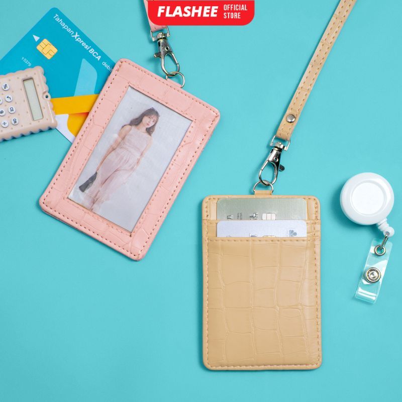 

Flashee ID Card Holder Crocodile Kulit Lanyard Kerja Berkualitas PU Leather Lanyard Holder Pink