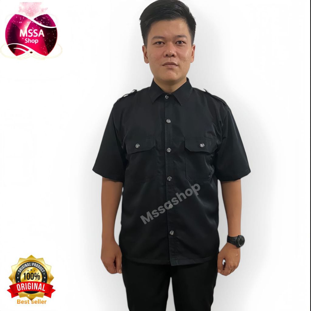seragam stelan safari hitam tangan pendek panjang Baju Kemeja Safari hitam Lapangan Lengan Pendek - 