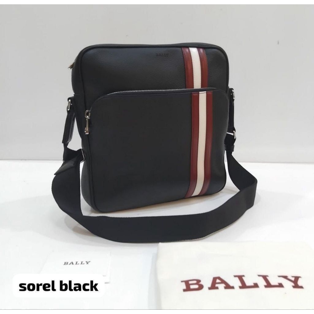 BALLY SOREL  bovine grained crossbody / sling zip man bag black & chocolate